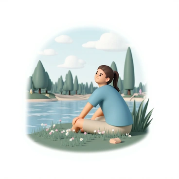 A person, wearing a blue shirt and khaki shorts, is sitting on a riverbank. They have long brown hair tied back in a ponytail. The person is resting on their elbows, looking content as they listen to the "gentle flow of water." Surrounding them are lush green grasses and wildflowers, adding color to the scene. In the distance, tall trees border the river, and the soft sounds of "distant wildlife" can be heard, enhancing the tranquil atmosphere. The sunlight filters through the leaves, creating dappled patterns on the ground.