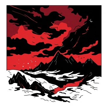 A duotone illustration features dark, swirling clouds in a combination of red and black hovering ominously above a rugged landscape resembling Mordor. The clouds are thick and heavy, looming menacingly with a sense of impending storm. Jagged mountains rise sharply from the ground, their peaks partially shrouded by the cloud cover. Below, the land is barren and desolate, with patches of cracked earth visible, suggesting a harsh environment. In the distance, hints of fiery hues can be seen glimmering, adding to the tension of the scene.