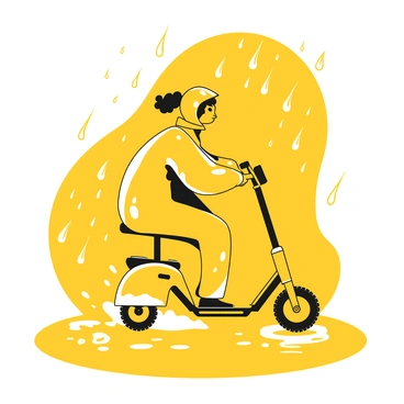 A person riding a folding scooter through the rain with a raincoat and splashing puddles