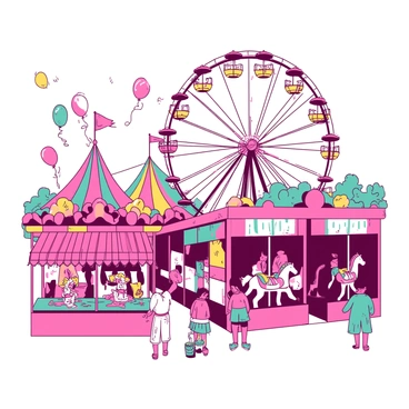 A vibrant scene of a carnival filled with various rides and games is displayed on an illustration board. There is a large, colorful Ferris wheel in the background, with bright yellow and red cabins spinning high in the air. A carousel with ornate horses is nearby, featuring pink and teal decorations that catch the eye. In the foreground, children are playing games, trying to win prizes, with stuffed animals hanging from a colorful booth. Balloons in varied shapes are floating above the carnival, adding to the festive atmosphere. The overall composition is lively and bustling, capturing the excitement of the carnival.
