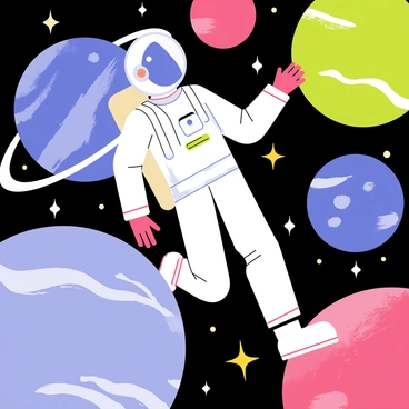 An astronaut character wearing a white space suit with a reflective visor is floating in space. The astronaut is surrounded by a colorful array of vibrant planets in various shades of blue, pink, and green. Each planet has distinct features, such as rings, craters, and glowing surfaces. The background is dotted with twinkling stars, adding to the cosmic ambiance. The astronaut is in a dynamic pose, reaching out towards one of the planets, showcasing a sense of exploration and adventure.
