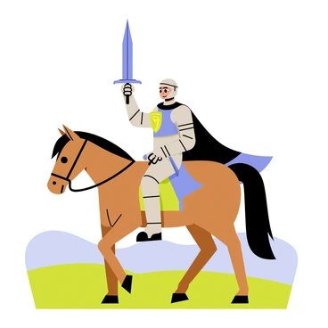 A brave knight wearing shining silver armor sits confidently atop a brown horse. The knight holds a glowing sword aloft, its blade radiating a bright blue light. The horse has a glossy mane and is adorned with decorative armor that matches the knight's attire. The knight's cape flows dramatically in the wind, showcasing a bold emblem on the back. The knight's determined expression reflects courage and readiness as they prepare to embark on a quest. The surrounding environment features rolling green hills and a clear blue sky, adding to the sense of adventure.
