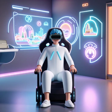 A character wearing a sleek black headset is sitting in a high-tech gaming chair, fully immersed in a virtual reality game. The character has short blue hair and is wearing a fitted white jumpsuit with glowing blue accents. Surrounding the character are holographic displays showing dynamic, colorful graphics and futuristic elements, including virtual landscapes and digital creatures. The room is illuminated with vibrant neon lights that reflect off metallic surfaces, enhancing the immersive experience.