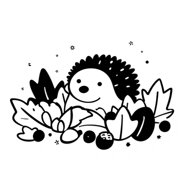 A shy hedgehog partially hidden among a pile of autumn leaves. The hedgehog's spines are visible, blending with the earthy tones of the leaves around it. Various fallen leaves in different shapes and sizes scatter around, some resting on top of the hedgehog. A few acorns are nestled among the leaves, adding to the woodland setting. The hedgehog is positioned in a slightly curled posture, emphasizing its timid nature.