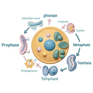 A detailed illustration of the animal cell cycle phases, featuring distinct sections for each phase: "Interphase," "Prophase," "Metaphase," "Anaphase," and "Telophase." Each phase is clearly labeled in bold text with arrows indicating the transition from one phase to the next. The diagram includes representations of key structures and events, such as the nucleus, chromatin, and spindle fibers, allowing for clear visual understanding. The cell is depicted in a three-dimensional view, showcasing the dynamic nature of each phase with vibrant colors and detailed textures.