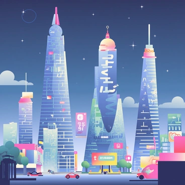 A futuristic cityscape is filled with tall skyscrapers shaped like "Ethereum" logos. These buildings are illuminated, casting a soft, glowing light against the night sky. Each skyscraper features intricate designs and is adorned with vibrant colors that blend seamlessly into the urban environment. The streets below are bustling with small electric vehicles, and there are neon lights and digital billboards adding to the city’s energy. Above, a starry sky provides a dramatic backdrop to this modern metropolis, highlighting the unique architecture.