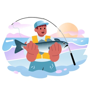 A young fisher on the shore is proudly holding a striped bass with both hands. The fisher is wearing a bright colored fishing vest and a hat, with the sun setting in the background, casting warm tones across the scene. The shoreline is dotted with small rocks and patches of grass, and gentle waves are lapping at the edge. In the distance, a serene sky transitions from orange to purple as the day comes to an end. 