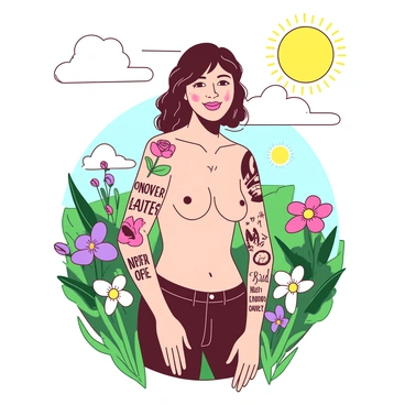 A person with diverse body-positive tattoos is standing in a park under a bright sun. The tattoos are vibrant and represent various empowering symbols and messages, covering their arms and shoulders. The person's skin is illuminated by sunlight, highlighting the intricate designs. They are wearing a comfortable, sleeveless shirt, allowing the tattoos to be clearly visible. Around them, green grass and colorful flowers frame the scene, enhancing the joyful atmosphere of the sunny day. The person has a confident smile, expressing pride in their body art.