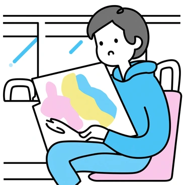 A student, with short brown hair, is seated on a school bus. They are wearing a blue hoodie and jeans, holding a large, colorful art project carefully in their lap. The art project, which features various shapes and bright colors, is displayed prominently. Other empty seats are visible around, with sunlight streaming through the bus windows, illuminating the student's focused expression as they transport their work.
