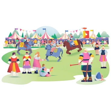 A medieval fair is set in a vibrant open field filled with colorful tents and stalls. There are people in period costumes, including men and women wearing flowing gowns, tunics, and cloaks. Some have intricate belts and accessories, showcasing their craftsmanship. In the background, knights dressed in shining armor are engaged in jousting, riding majestic horses. The knights' lances are poised and aimed at targets, with an audience gathered around to cheer. Colorful banners and flags flutter in the breeze, adding to the festive atmosphere. Children are playing games nearby, while vendors sell handmade goods, food, and drinks.