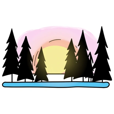 A sunset, featuring shades of orange, pink, and purple, is casting warm colors across the sky. The foreground displays a dense pine forest, with tall trees having dark green needles. The light from the setting sun highlights the textures of the tree bark and creates long shadows on the ground. The scene is tranquil, emphasizing the contrast between the glowing sky and the dark silhouettes of the pine trees.