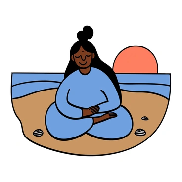 An Indian woman with medium brown skin and long black hair is sitting cross-legged on a sandy beach. The sun is rising over the horizon, casting a warm orange and pink glow across the sky. She is wearing a light blue traditional salwar kameez. Her eyes are closed, and her expression is calm and focused. Gentle waves are lapping at the shore, and there are a few seashells scattered in the sand around her. The scene conveys tranquility and harmony with nature.