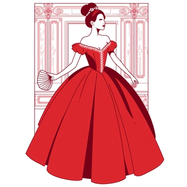 A red noblewoman in an opulent ball gown features intricate white embroidery along the bodice and sleeves. The gown has a full skirt that flows elegantly to the ground, adorned with delicate lace trim. The woman stands gracefully in an ornate ballroom, with chandeliers casting light on her attire. Her hair is styled in an elaborate updo, embellished with small white flowers. In her right hand, she holds a delicate white fan, adding a touch of sophistication to her poised demeanor.