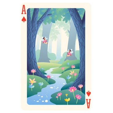 A playing card features a mystical forest scene. In the background, tall trees with intricate bark patterns rise high, their leaves glowing softly in shades of blue and green. Small, delicate fairies with transparent wings flutter around, each adorned with shimmering attire that reflects the light. The ground is covered with vibrant, glowing plants in various colors, illuminating the forest floor. A gentle stream flows through the scene, its surface sparkling with reflections of the fairies and the luminous flora. The edges of the card are embellished with ornate designs that complement the enchanting atmosphere of the forest.