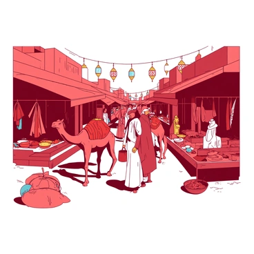 A red bustling street in Agrabah is filled with various merchants showcasing their goods. Colorful stalls line the street, displaying vibrant fabrics and spices. Camels are seen resting under the shade of large awnings, while shoppers move through the scene, inspecting items. The air is filled with the sound of negotiation and laughter, creating a lively atmosphere. Brightly colored lanterns hang above the stalls, adding to the overall vibrancy of the marketplace.
