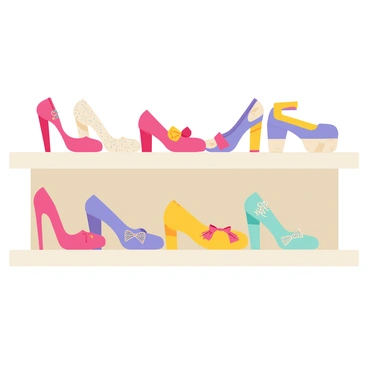 A chic shelf filled with a colorful collection of fashionable girly shoes. The shelf is made of light wood, displaying a variety of shoe styles including high heels, ballet flats, and trendy sneakers. Each pair of shoes features vibrant colors such as pink, purple, and turquoise, with some adorned with glitter or bows. The background is subtle, allowing the focus to remain on the stylish shoes.