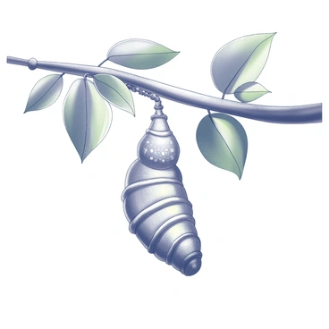 A cocoon hanging from a sturdy tree branch. The cocoon has a textured surface, showing signs of impending transformation. Below the cocoon, the branch is adorned with lush green leaves, providing a natural setting. The scene captures the moment just before a butterfly emerges, with the contours of the butterfly's wings discernible through the delicate shell of the cocoon. Sunlight filters through the leaves, creating dappled shadows on the branch.