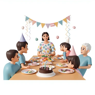 A woman, wearing a colorful floral dress, is smiling brightly as she sits at a large wooden table. The table is covered with a variety of delicious foods, including a chocolate birthday cake with candles, a colorful fruit platter, and savory dishes. Surrounding her are family members, consisting of a man in a blue shirt, two children in party hats, and an older woman in a red sweater, all engaged in cheerful conversation. The table is adorned with vibrant birthday decorations, including balloons, streamers, and a "Happy Birthday" banner hanging above. The atmosphere is filled with joy and celebration.