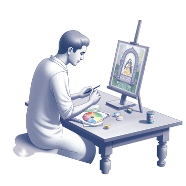 An artist is seated at a traditional wooden table, focused on creating a Mughal miniature painting. The artist holds a fine brush in one hand and a palette of colors in the other. The painting features a royal court scene, capturing elegantly dressed courtiers and a regal figure seated on a throne, adorned with intricate patterns and embellishments. The background includes lush greenery and ornate architectural details, contributing to the richness of the composition. Several small decorative elements surround the scene, highlighting the craftsmanship typical of Mughal art.