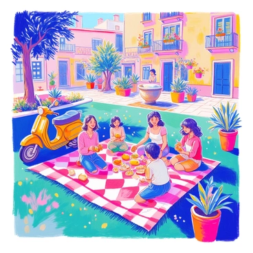 A group enjoying a picnic in a lively plaza, with a big moped parked nearby