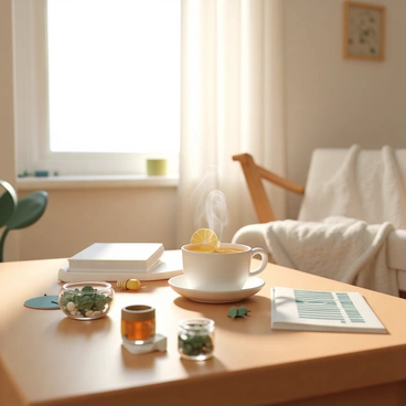 A cozy home scene featuring herbal remedies and teas for soothing sore tonsils.