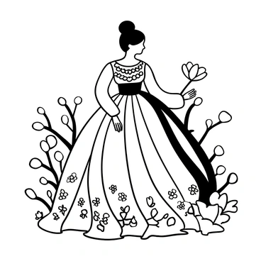 A ball gown featuring a full, flowing skirt adorned with intricate patterns reminiscent of traditional Asian designs. The bodice is elegantly fitted, displaying delicate detailing and ornate embroidery. The sleeves are long and graceful, tapering down to flared cuffs. A wide sash cinches the waist, adding structure and elegance. Surrounding the gown are decorative elements such as blooming cherry blossom branches and stylized lotus flowers, enhancing the cultural inspiration of the design.