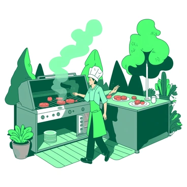 A green outdoor kitchen features a large stainless steel grill with smoke rising from it. In front of the grill, a chef wearing a white chef's hat and an apron is skillfully flipping burgers on the grill. Surrounding the kitchen, there are lush trees and vibrant green plants, creating a natural setting. The chef stands on a wooden deck, with various utensils and ingredients neatly arranged on the counter beside the grill. A table set with colorful plates can be seen in the background, ready for serving.