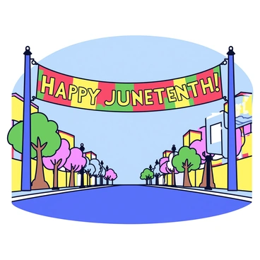 A large colorful banner hanging over a street. The banner displays the text "Happy Juneteenth!" in bold, vibrant letters. The background of the banner features a mix of bright colors, including red, green, and yellow. The banner is securely fastened to poles on either side of the street, with a clear blue sky in the background. The street below is lined with colorful decorations and there are a few trees visible on each side.
