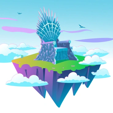 A small floating island in the sky with vibrant green grass and rocky edges. At the center of the island sits the "Iron Throne," intricately designed with numerous swords intertwined, reflecting a metallic sheen. The throne is surrounded by fluffy white clouds that gently drift by, partially obscuring the base of the island. The sky is a brilliant blue, with wisps of purple and pink hues from a setting sun, casting a warm glow on the throne and the island. A few small birds can be seen soaring in the distance, adding a sense of scale to the serene yet majestic scene.