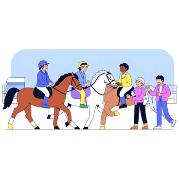 A group of young riders is participating in a lesson at an equestrian school. Each rider is mounted on a horse, demonstrating various riding techniques. The horses vary in color and breed, including a brown pony, a white horse, and a chestnut mare. The riders are dressed in riding helmets, boots, and colorful riding outfits. In the background, there are fences and training equipment typical of an equestrian facility. The setting is outdoors, with a clear blue sky above. Each rider has a focused expression as they listen to their instructor, who is standing next to the riding arena, giving guidance.