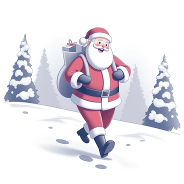 Santa Claus is walking through a snowy landscape. He is dressed in his traditional red suit with white trim. His joyful expression is highlighted as he carries a large sack full of gifts slung over his shoulder. The snowflakes are gently falling around him, and his boots leave footprints in the fresh snow. Trees with snow-laden branches are visible in the background, creating a winter scene.