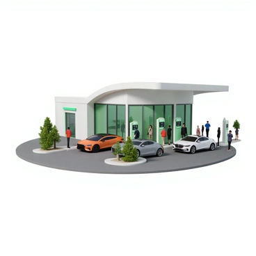 A modern hydrogen refueling station with sleek, curved architecture and large glass panels. The exterior is painted in bright white with green accents, emphasizing eco-friendliness. Several cars, including a futuristic sedan and an SUV, are parked near the refueling pumps. Each pump displays digital screens showing refueling progress and instructions. A diverse group of people, including a woman in a red jacket and a man in a blue shirt, are interacting with the pumps while another person stands nearby, waiting. The area is well-lit, and there are small trees and shrubs strategically placed around the station for added greenery.