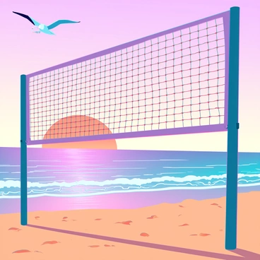 The shadow of a volleyball net cast on a sandy beach at sunrise