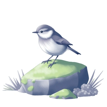 A chickadee perched on a mossy rock. The bird is leaning forward with its head slightly tilted, displaying a sense of curiosity. Its feathers are fluffy and well-defined, showcasing the intricate details of its plumage. The rock is covered in lush green moss, adding texture to the scene. Surrounding the rock is a natural setting with hints of other foliage, enhancing the atmosphere. The overall composition captures the chickadee's inquisitive nature as it observes its surroundings.