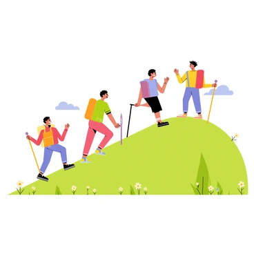 A group of four friends hiking up a green hill. Each friend carries a colorful backpack and holds a wooden walking stick. The first friend has a red backpack and a blue stick, while the second friend has a green backpack and a yellow stick. The third friend sports a purple backpack and a brown stick, and the fourth friend has an orange backpack with a black stick. The friends are smiling and talking as they ascend, surrounded by small wildflowers and a clear blue sky.