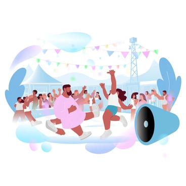 A small round character with a pink body is dancing joyfully amidst a crowd at an outdoor music festival. Colorful flags are fluttering in the breeze above the festival grounds. Surrounding the character, other festival-goers are enjoying the music, some jumping and clapping in rhythm. Various tents and food stalls are visible in the background, adorned with vibrant decorations. Brightly colored lights illuminate the scene, casting a cheerful atmosphere around the lively gathering. A large speaker tower is set up nearby, pumping music into the air.