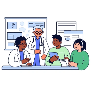 A group of doctors with diverse backgrounds engaged in conversation at a medical conference. One doctor is of Asian descent, wearing glasses and a blue lab coat, while another is African American, dressed in a white coat with a stethoscope around their neck. A third doctor is Hispanic, sporting a green scrubs and holding a tablet. In the background, there are banners displaying medical information and a table with pamphlets. The doctors appear focused and collaborative, sharing ideas and discussing medical advancements.