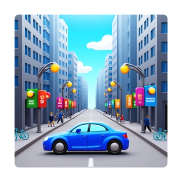 A sleek car maneuvering through a bustling cityscape filled with tall buildings. The streets are lined with vibrant street signs displaying various colors and messages. People can be seen walking along the sidewalks, while a few bicycles are parked nearby. The sky is a clear blue with a few fluffy clouds. Traffic lights are visible, adding to the dynamic atmosphere of the urban environment.