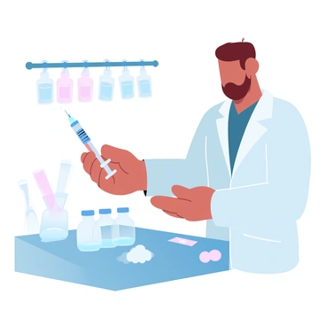 A doctor in a white lab coat is standing at a medical workstation. The doctor is holding a syringe filled with a clear liquid, preparing it for a vaccination. The workstation is cluttered with various medical supplies, including vials, alcohol swabs, and cotton balls. A few vaccination cards are visible on the counter. The overall atmosphere is clinical and organized, with a focus on the preparation of the syringe.