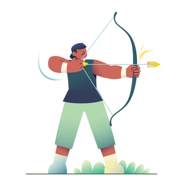 An archer with medium skin is positioning a bow in their left hand, while their right hand is drawing back a tightly strung bowstring. The archer is wearing a fitted black vest and has short black hair pulled back. Their face shows concentration as they focus on the target. The arrow is in motion, released from the bow, with motion lines indicating its trajectory. The archer's right foot is forward, balancing their stance on a grassy field, with hints of distant trees in the background. Sunlight highlights the tension in the bowstring and the determination in the archer's expression.