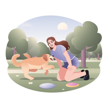 A person playing with a dog in a sunny park. The person is a woman with light skin and long brown hair, wearing a light blue t-shirt and denim shorts, kneeling on the grass. The dog is a golden retriever, energetically jumping towards her, with its tongue out and tail wagging. The park is filled with green trees and a clear blue sky, with sunlight filtering through the leaves, casting playful shadows on the ground. Nearby, there is a colorful frisbee lying on the grass, and a few daisies dotting the landscape. The woman has a joyful expression, showcasing the bond between her and her pet.
