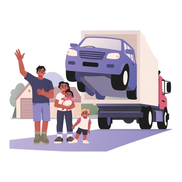A family of four is standing outside their home, waving goodbye to their car as it is being loaded onto a large transport truck. The father, who has light brown skin, is wearing a blue t-shirt and denim shorts. The mother, with medium skin and long black hair, is dressed in a white top and leggings, holding a small child with curly hair in her arms. The other child, a boy with light skin and short blonde hair, is standing next to them, wearing a red shirt and cargo shorts. The car, a blue SUV, is being carefully lifted by a worker in a safety vest. In the background, there are trees and a clear blue sky. The overall scene captures a moment of farewells and adventure.