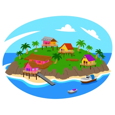 A coastal village with elevated wooden homes raised on stilts to protect against rising sea levels. The houses are painted in bright colors, creating a cheerful atmosphere. Surrounding the village, there are sturdy protective barriers made of weathered wood and stone, designed to shield the homes from waves. Lush green vegetation flourishes around the village, with palm trees swaying gently in the breeze. The sky above is a clear blue, enhancing the vibrant colors of the village. Small boats are moored nearby, bobbing gently in the calm water.