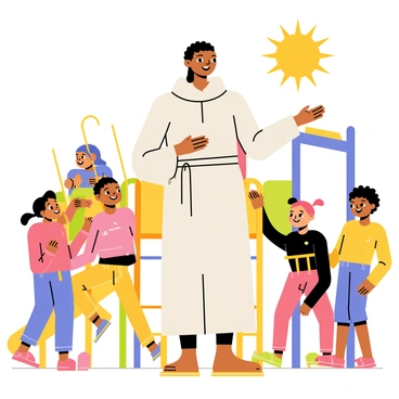 A saint dressed in a flowing robe stands in a vibrant playground filled with bright colors. The saint has a gentle smile and a peaceful expression. Around the saint, there are several children of diverse backgrounds, all smiling and playing joyfully. The playground features swings, a slide, and colorful climbing structures. The sun is shining brightly, casting a warm light over the scene, enhancing the cheerful atmosphere.