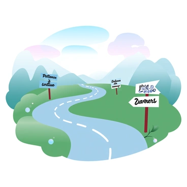A winding road curves through a serene landscape filled with lush greenery. Alongside the road, various road signs are positioned at intervals, each sign displaying a different phrase that represents a life lesson learned, such as "Patience is a virtue," "Embrace change," and "Live in the moment." The signs are crafted in a colorful and creative manner, each with a unique design that complements the tranquil environment. The sky above transitions through gradient pastel colors, creating a harmonious backdrop for the scene. The overall composition invites the viewer to reflect on the journey of life.