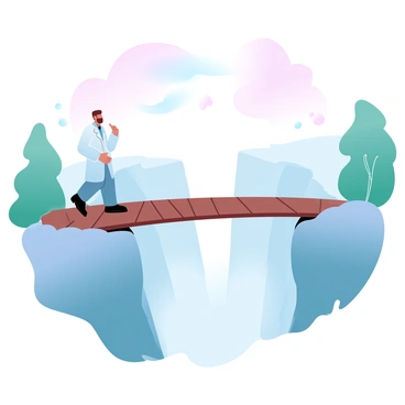 A researcher in a lab coat is standing at the edge of a deep chasm. The researcher is gazing across the chasm toward a distant goal that is shrouded in mist. The scene includes a partially built bridge extending across the chasm, with wooden beams and support cables visible. The environment is filled with gradient pastel colors, creating a soft and inviting atmosphere. The chasm has rocky edges, and on one side, there are lush green trees. The sky above features a blend of pastel hues, transitioning from light pinks to soft blues.