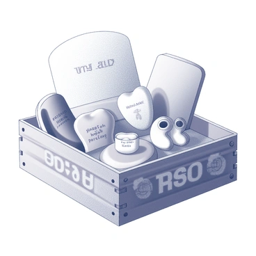 A keepsake box resting on a wooden surface. The box is intricately designed with carvings that depict delicate baby-themed motifs. Inside the box, there are several items arranged thoughtfully. A "hospital bracelet" is visible, featuring small text and a clasp. Next to it lies a "first tooth," carefully preserved, showcasing its small size and shape. Surrounding these items are other memorabilia, such as a tiny handmade blanket and a pair of miniature shoes. The overall scene conveys a sense of nostalgia and cherished memories.