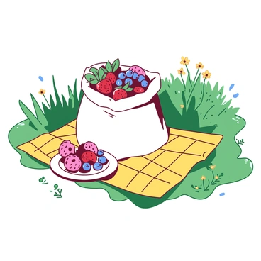 A white sack overflowing with a variety of freshly picked berries, including strawberries, blueberries, and raspberries, is placed on a yellow picnic blanket spread out on the green grass of a meadow. The blanket is adorned with a simple checkered pattern, and small wildflowers in various colors dot the surrounding grass. Sunlight filters through the trees nearby, casting gentle shadows on the picnic scene.