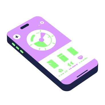 A smartphone lies on a flat surface, displaying the interface of a fitness app. The screen features a circular gauge indicating the body fat percentage, with a needle pointing to a specific value. Below the gauge, there are small icons representing different fitness metrics, such as steps taken and calories burned. The background of the app is minimalistic, emphasizing the vibrant colors of the graphics. The smartphone has a sleek design, with prominent buttons on the side and a visible camera on the top.