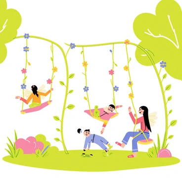 A whimsical playground filled with vibrant colors and lush greenery. Fairies with delicate wings flutter around, joyfully playing on swings made of intertwining vines and colorful flowers. The swings are adorned with blossoms in shades of pink, yellow, and blue. In the background, tall, leafy trees provide shade, and a soft carpet of grass covers the ground. Some fairies are giggling as they soar through the air, while others gather around, watching and cheering. The entire scene captures the enchanting and playful spirit of the fairies at play.